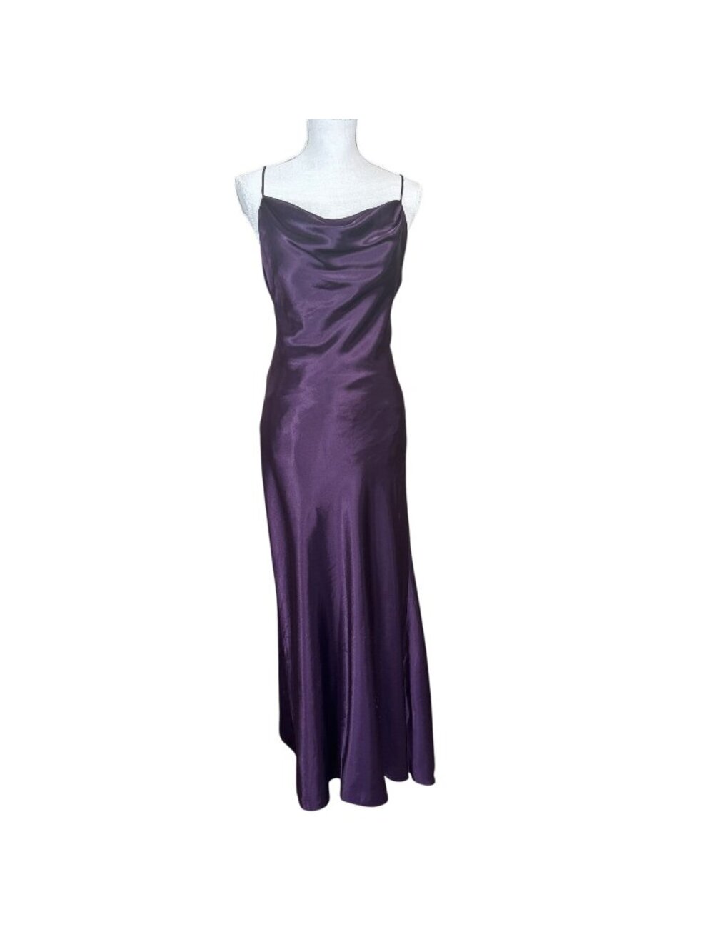 Ariella Purple Spaghetti Strap Drape Neck Full Length Formal Dress Small